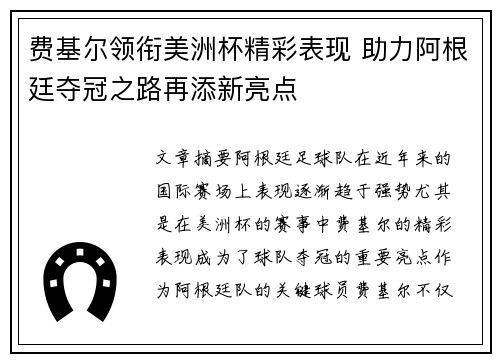 费基尔领衔美洲杯精彩表现 助力阿根廷夺冠之路再添新亮点